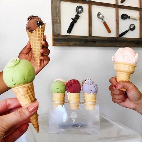 A variety of colorful ice cream cones held by hands, with a display of scoops in the background.