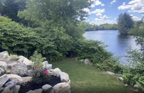 A serene lakeside view with lush greenery, rocks, and a clear blue sky dotted with clouds.