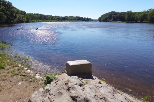 A serene river scene with sparkling water, surrounded by lush greenery and a rocky shore under a clear blue sky.