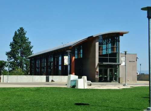 Modern museum building with large windows, a curved roof, and green grass in the foreground under a clear blue sky.