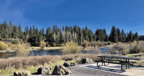 A serene riverside scene with a picnic table, surrounded by trees and blue skies.