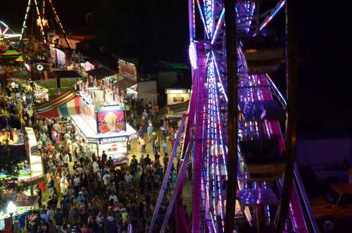 A vibrant carnival scene at night, featuring a lit-up Ferris wheel and crowds enjoying food stalls and attractions.