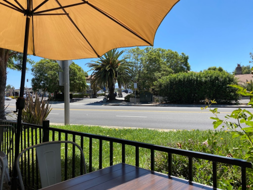 A sunny outdoor dining area with an umbrella, overlooking a street lined with palm trees and greenery.