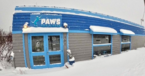 A blue and gray building with a sign reading "Paws for a Beer," covered in snow during winter.
