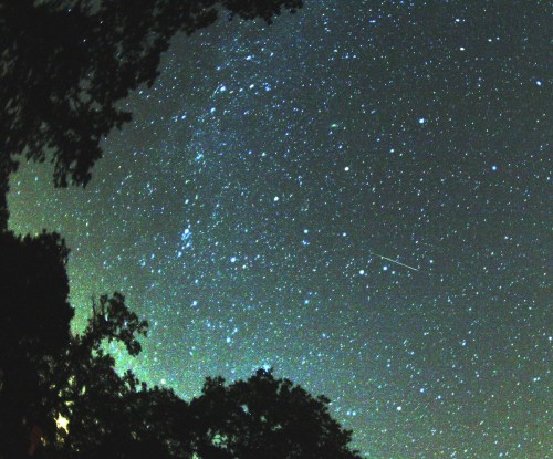 A starry night sky filled with countless stars and a faint meteor streaking across the scene.