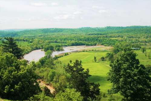 A scenic view of a winding river surrounded by lush green fields and trees under a bright, cloudy sky.