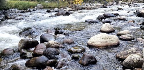 A flowing river with smooth stones and pebbles along the banks, surrounded by greenery and autumn foliage.
