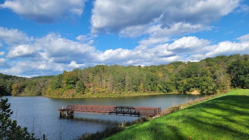 A serene lake scene with a wooden dock, surrounded by lush greenery and a blue sky dotted with fluffy clouds.
