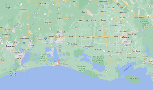 Map showing southeastern Texas and southwestern Louisiana, highlighting areas like Sabine National Wildlife Refuge and Lake Arthur.