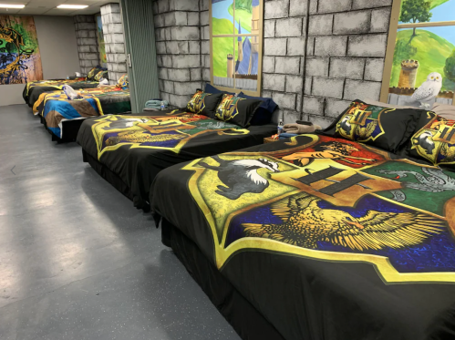 A room with multiple beds featuring colorful Harry Potter-themed bedding and wall art, creating a whimsical atmosphere.