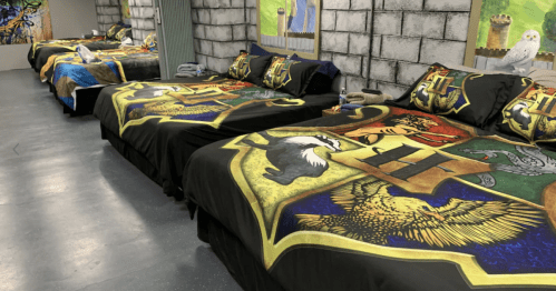 A room with multiple beds featuring colorful Harry Potter-themed bedding and wall art.