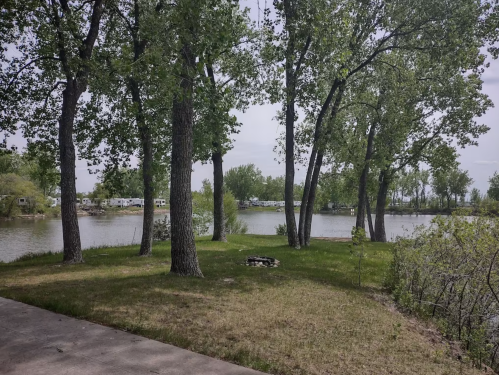 A serene riverside scene with green trees, grassy areas, and RVs in the background under a cloudy sky.