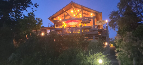 A cozy house with a wooden deck, illuminated by string lights and umbrellas, surrounded by greenery at dusk.