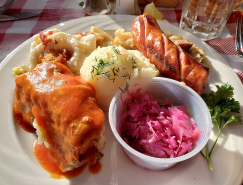A plate of food featuring salmon, mashed potatoes, a meat dish with sauce, and a side of pink pickled vegetables.