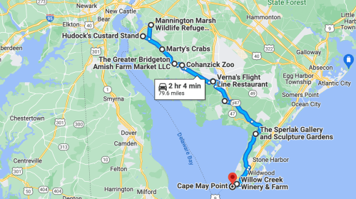 Map showing a route from Cape May Point to various attractions, including a winery, farm, and wildlife refuge.