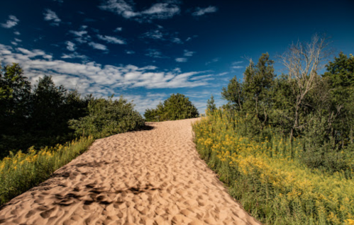 A sandy path winds through lush greenery under a blue sky with scattered clouds.