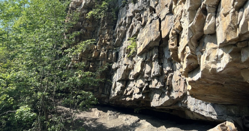Rocky cliffside with jagged stone formations and greenery at the base, under bright sunlight.