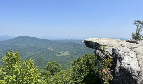 A rocky cliff overlooks a lush green valley and distant mountains under a clear blue sky.