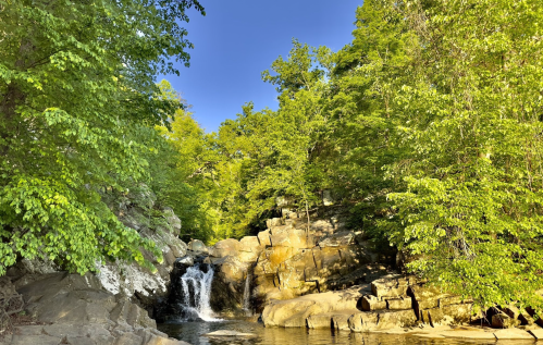 A serene waterfall cascades over rocks, surrounded by lush green trees under a clear blue sky.