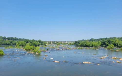 A serene river scene with rocks and greenery, featuring a bridge in the background under a clear blue sky.