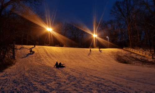 A snowy hill at dusk with people sledding, illuminated by streetlights in a winter landscape.