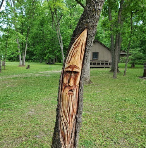 A carved wooden face on a tree trunk, surrounded by lush greenery and a building in the background.