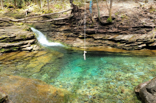 A serene natural pool with clear turquoise water, surrounded by rocky terrain and trees, featuring a rope swing.