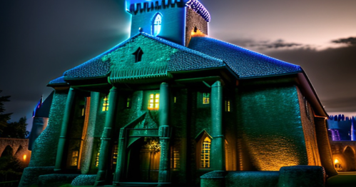 A dramatic castle at night, illuminated with blue and green lights, showcasing its unique architectural features.