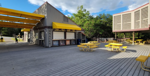 A snack stand with yellow awnings and picnic tables on a wooden deck, surrounded by trees and blue skies.