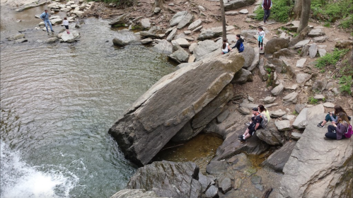 A serene river scene with people sitting on rocks, enjoying nature by the water's edge in a wooded area.