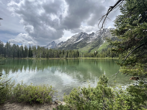 A serene lake surrounded by lush trees and mountains under a cloudy sky. Reflections shimmer on the water's surface.