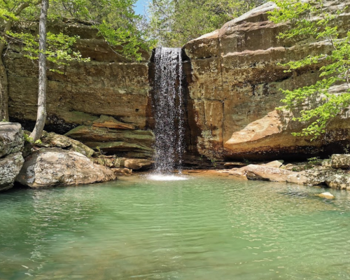 A serene waterfall cascades into a clear pool, surrounded by lush greenery and rocky cliffs.