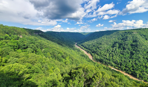 A scenic view of a lush green valley with a winding river, surrounded by hills under a partly cloudy sky.