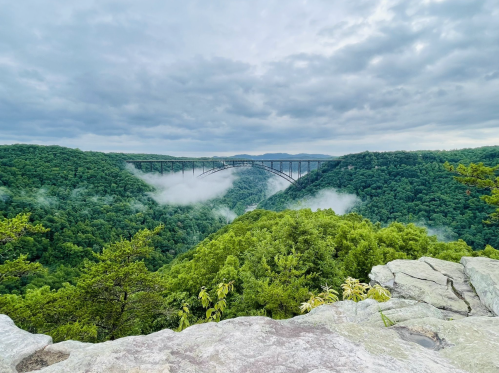 A scenic view of a bridge spanning a lush green valley, with mist rising from the trees under a cloudy sky.