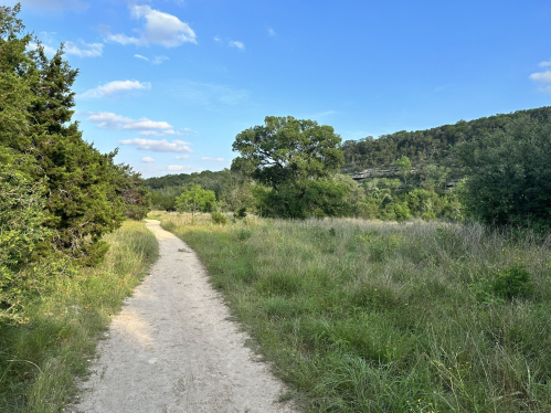 A dirt path winds through a grassy area with trees and hills under a blue sky with scattered clouds.