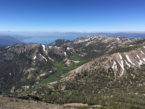 A panoramic view of mountains with patches of snow, green valleys, and a lake in the distance under a clear blue sky.