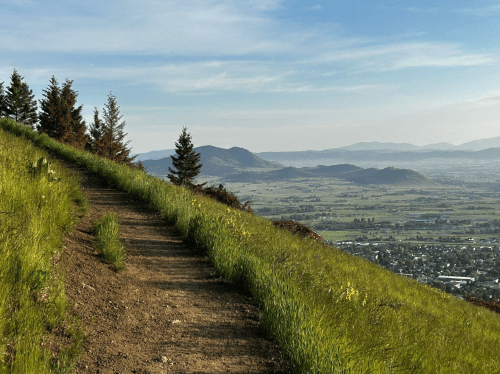 A winding dirt path through lush green grass, with mountains and a valley visible in the background under a clear sky.