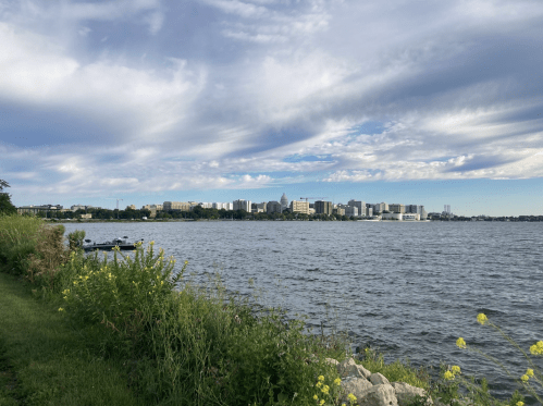A scenic view of a lake with a city skyline in the background, featuring clouds and greenery along the shore.