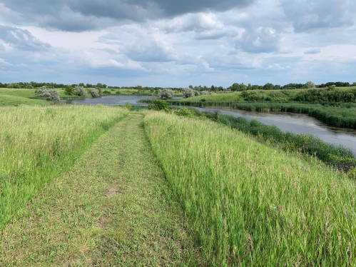 A grassy path leads through a lush landscape with a winding river and cloudy sky in the background.
