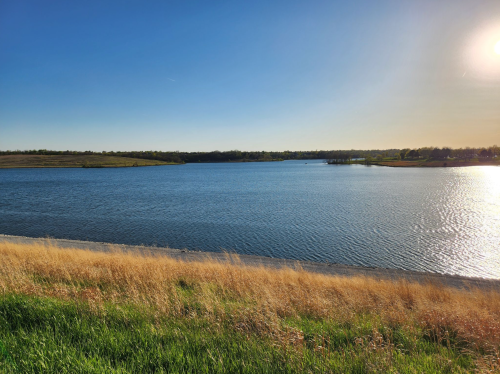 A serene lake surrounded by grassy banks under a clear blue sky, with sunlight reflecting on the water.