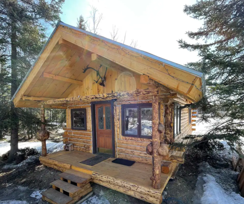 A cozy log cabin with a sloped roof, surrounded by trees and snow, featuring a wooden porch and large windows.