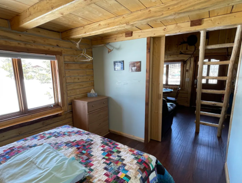 Cozy wooden cabin interior featuring a bed, dresser, and a ladder leading to an upper level. Natural light from windows.