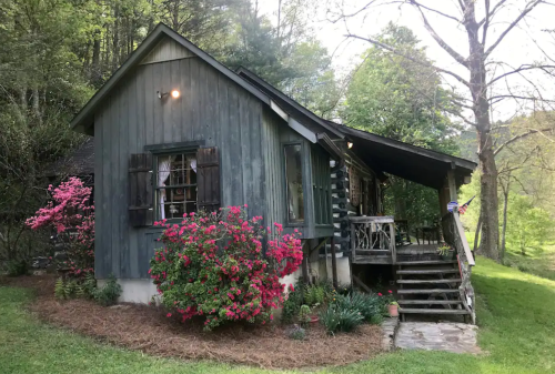 A rustic cabin with a wooden exterior, surrounded by greenery and blooming flowers, featuring a porch and steps.