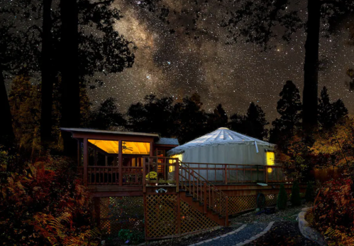A cozy yurt and deck illuminated under a starry night sky, surrounded by trees.