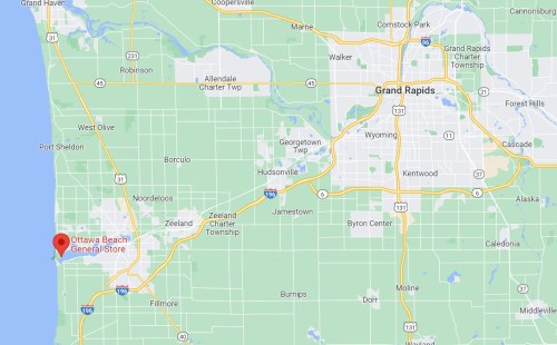 Map showing the location of Ottawa Beach General Store near Grand Rapids, Michigan, with nearby highways and towns.