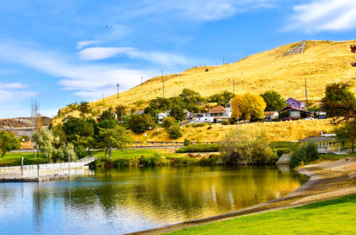 A serene lake surrounded by green trees and a hillside with homes, under a clear blue sky.