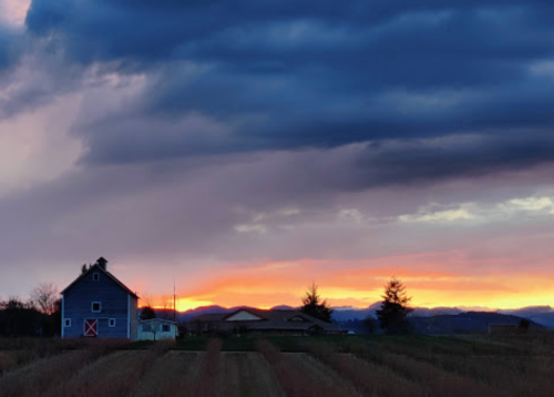 A blue barn stands against a dramatic sunset with dark clouds and distant mountains in the background.