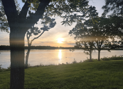 Sunset over a calm lake, framed by trees and grassy shoreline, with soft light reflecting on the water.