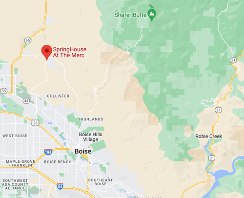 Map showing the location of SpringHouse at The Merc near Boise, Idaho, with nearby landmarks and roads.