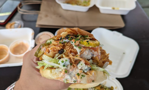 A hand holding a loaded sandwich with fried chicken, lettuce, pickles, and sauces, with takeout containers in the background.
